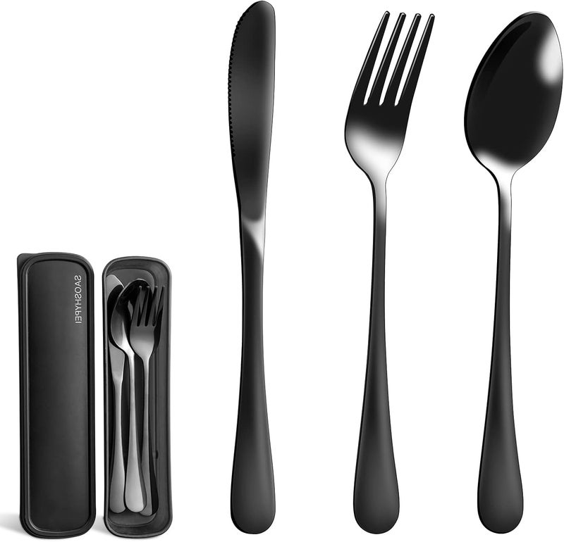 SAOSHYPEI Portable Utensils Set with Case, 4pcs Stainless Steel Reusable Silverware for Lunch Camping School Picnic Workplace Travel, Lunch Box Includ Fork Spoon Knife,Easy to clean,Dishwasher Safe(Black) - Image 4